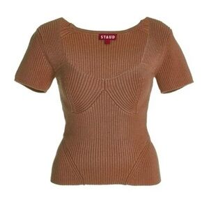 STAUD Buxton Camel Colored Corset Style Ribbed Top / Short Sleeve / Size S